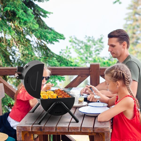 Portable Charcoal Grill, Compact Tabletop BBQ Smoker with Built-in Thermometer and Wooden Carry Handle, Lightweight Small Barbecue for Outdoor Camping, Picnic, Patio, Black