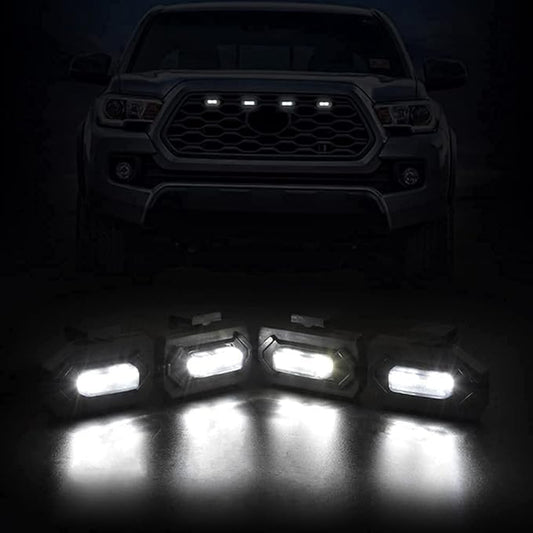 Upgraded Grill LED Lights 4PCS for Toyota Tacoma 2020 2021 2022 2023 TRD Off Road and TRD Sport OEM Grill, Aftermarket Replacement Warning LED Lights with Fuse (White Light/Smoked Lens)