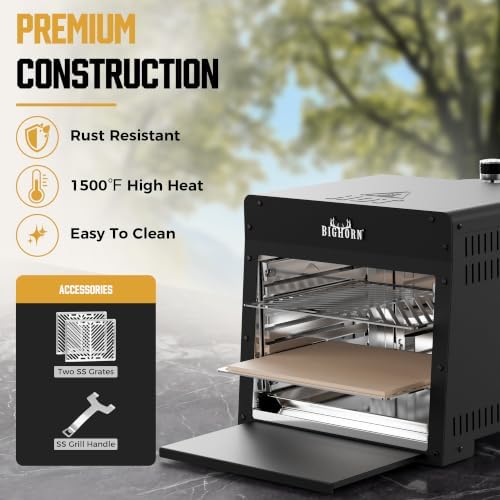 BIG HORN 1500°F Infrared Steak Grill - Portable Propane Gas Grill & Salamander Broiler for Steakhouse-Quality Searing, 16-Inch, Black
