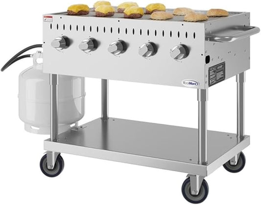 Pemberly Row 36" Commercial Mobile Outdoor Propane BBQ Grill, Stainless Steel Flat Top with 5 Burners, Heavy Duty Rolling Griddle