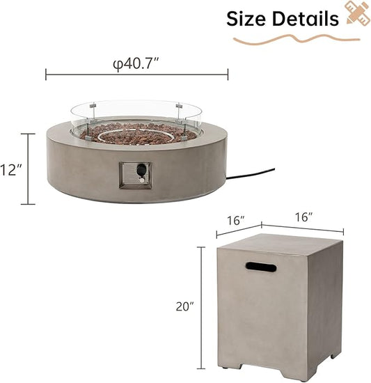 HOMPUS Outdoor Round Propane Fire Pit Table, 41''Fire Table w Wind Guard & 20lb Tank Cover Table, 50000 BTU Fire Pit w Free Waterproof Cover & Fire Stone for Patio, Garden, Grey