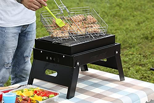 Barbecue Grill, Charcoal Grill, Portable Folding BBQ Grill, Desk Tabletop Outdoor Stainless Steel Smoker BBQ, 38.5 x 29 x 26.2 cm, for Camping Garden Cooking Fun