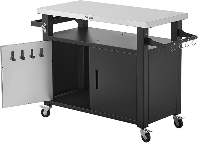 VEVOR Outdoor Grill Cart with Storage Cabinet, 53.1 Inch Grill Table, Waterproof Kitchen Island with Stainless Steel Top, Shelf, and Wheels, Movable Food Prep Station for Patio Bar Backyard BBQ