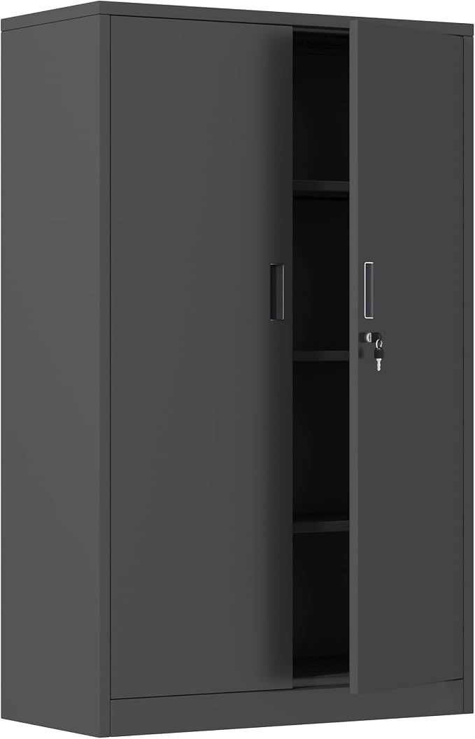 Metal Storage Cabinet with Locking Doors and 3 Adjustable Shelves, 53.5-Inch Lockable Storage Cabinets for Home Office Garage Kitchen Pantry (Black)