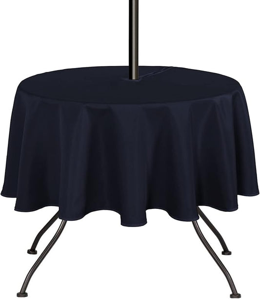 SARAFLORA Outdoor and Indoor Tablecloth -60 inch Round Navy, Wrinkle Free Washable Waterproof Table Cloth with Umbrella Hole and Zipper Round Table Cover for Spring/Summer/Patio/Picnic/BBQS/Party