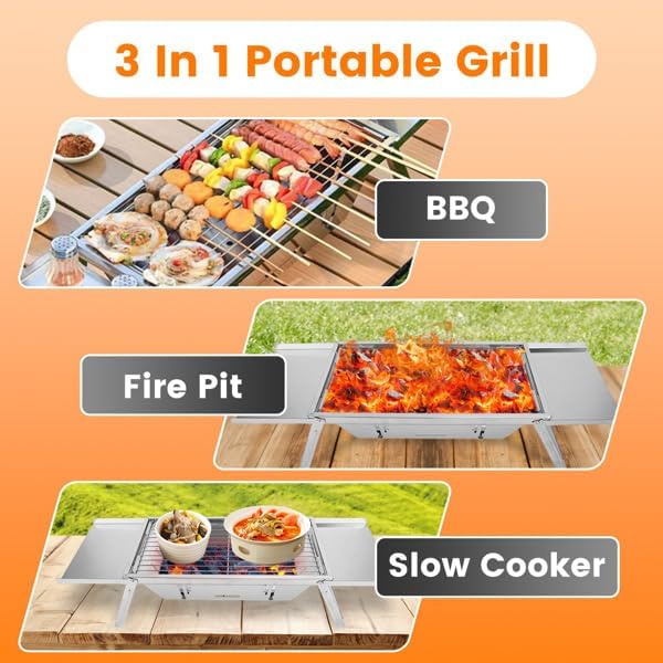 Foldable Small Charcoal Grill - Stainless Steel & High - Temp Resistant, Perfect for 2-3 Outdoor Enthusiasts! Ideal for Camping, BBQs, Picnics & Tailgating, Super Portable Yakitori Grills