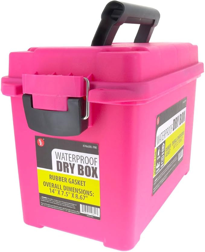 SE Waterproof Dry Box with Detachable Lid – 14" x 7.5" x 8.67" Pink Storage Case with Rubber Gasket Seal, Snap Closures & Handle for Camping, Boating, Fishing Gear & Outdoor Protection