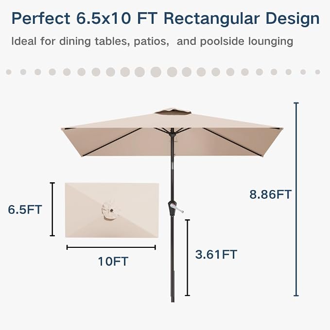 6.5' x 10' Rectangular Patio Umbrella Large Outdoor Market Umbrella w/UV Protection, Push Button Tilt and Crank Lift, Rectangle Table Umbrella for Garden, Deck, Pool, Patio, Beige