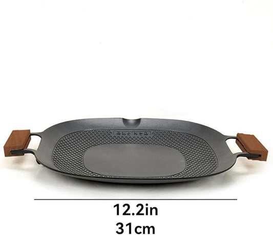 Korean Style 12.6in Grill Pan Non-stick Maifan Coated Smokeless Griddle Pan Compatible for Induction, Gas Stove, Electric Cooktop Stovetop Plate Indoor or Outdoor BBQ (Square with Wood Handle)