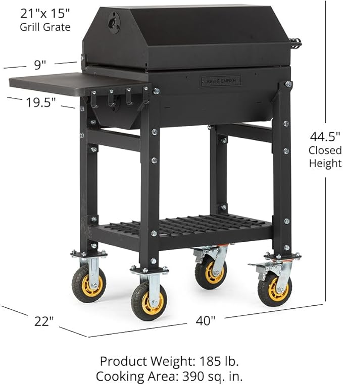Ash & Ember 390 Sq. In Patio Cart Charcoal Grill with Cover, Side Shelf and Tool Hooks for BBQ Cooking Prep & Accessories, Mobile Heavy-Duty Park-Style Outdoor Grills & Smokers
