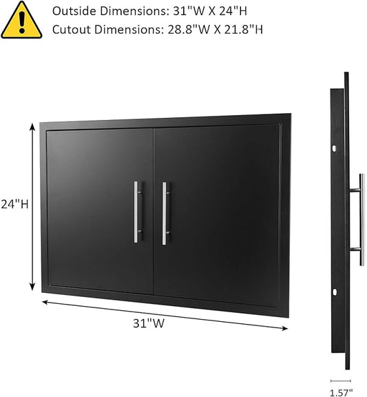 JIE JIN Outdoor Kitchen Doors 31" W X 24" H Double Doors 1.2mm Thickness Stainless Steel BBQ Access Door BBQ Island Doors Outdoor Kitchen Accessories Door for Outdoor Kitchen BBQ Island (Black)
