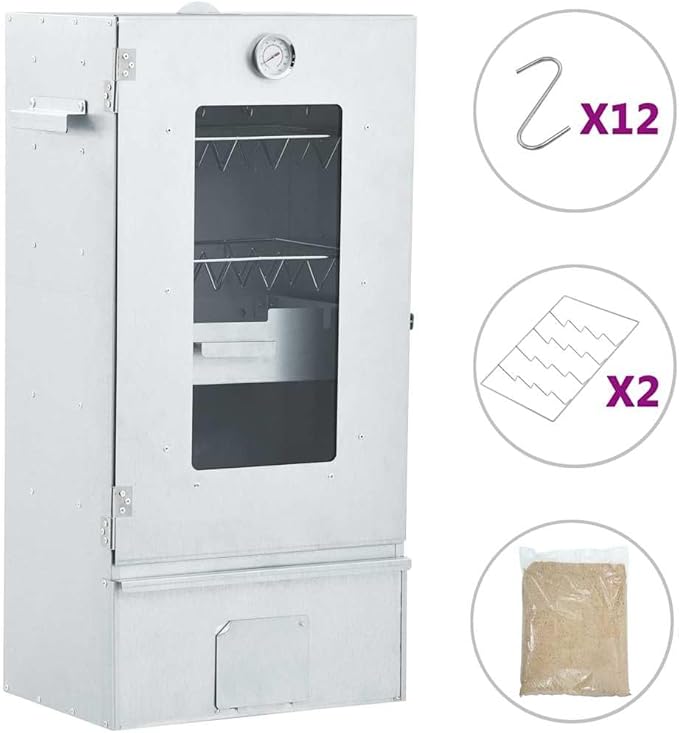 Vertical BBQ Smoker Grill with Viewing Window, Outdoor Meat Smokehouse for Fish and Sausages, Includes 2.2 lb Wood Chips and 12 Hooks, 17.5 x 11.4 x 32.7 Inches