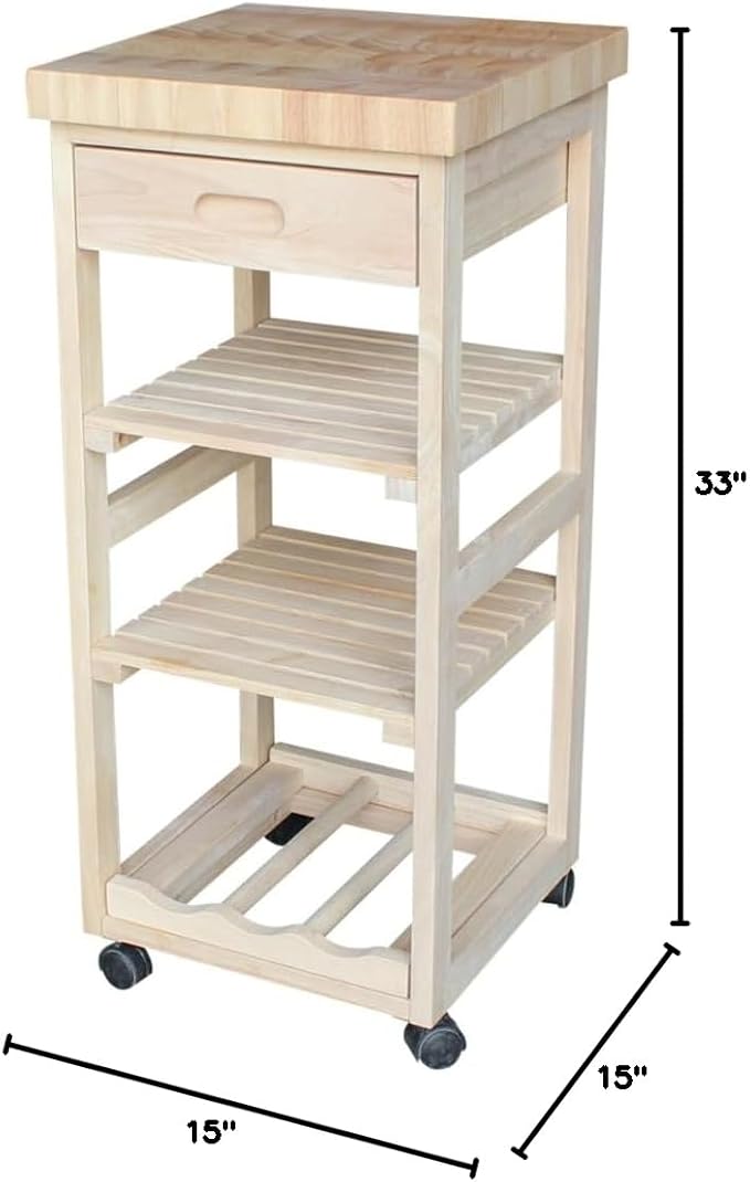 IC International Concepts, Kitchen Trolley, Solid Wood, Real Parawood, 15" W x 15" D x 33" H, 50 lbs/Shelf wt. Capacity, Easy Assembly, DIY, Paint or Stain Your Way, Unfinished
