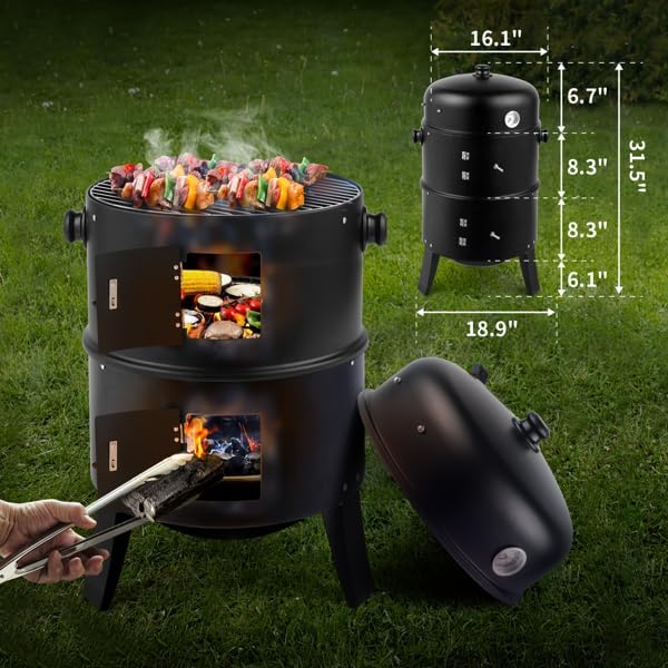 Vertical Charcoal BBQ Smoker, 3-in-1 16" Round Charcoal Barbecue Grill with 2 Cooking Area, and Thermometer for Outdoor Camping Picnic Backyard Cooking, Black (Adjustable Barrel Grill)