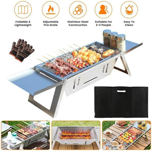 Foldable Small Charcoal Grill - Stainless Steel & High - Temp Resistant, Perfect for 2-3 Outdoor Enthusiasts! Ideal for Camping, BBQs, Picnics & Tailgating, Super Portable Yakitori Grills
