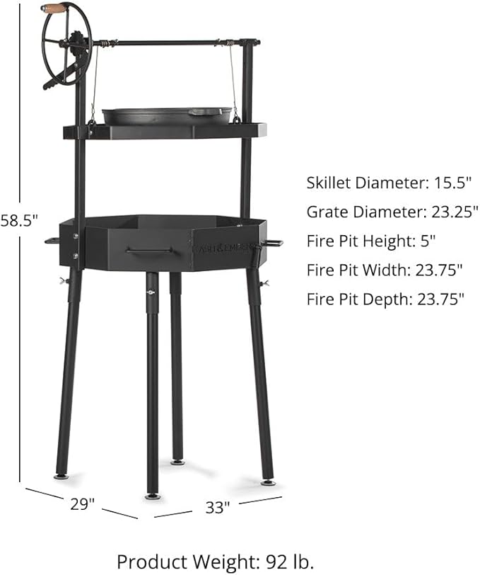 TITAN GREAT OUTDOORS Ash & Ember Santa Maria Grill, Argentine Style Open Fire Grill, Adjustable Cooking Grate with Flywheel, BBQ Grill Comes with Cast Iron Skillet