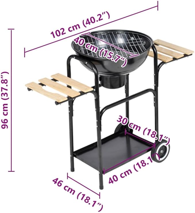 vidaXL Charcoal Barbecue with Wooden Working Tables, Lower Shelf - Portable, Painted Steel, 38" H x 40.2" W x 17.3" D Grill