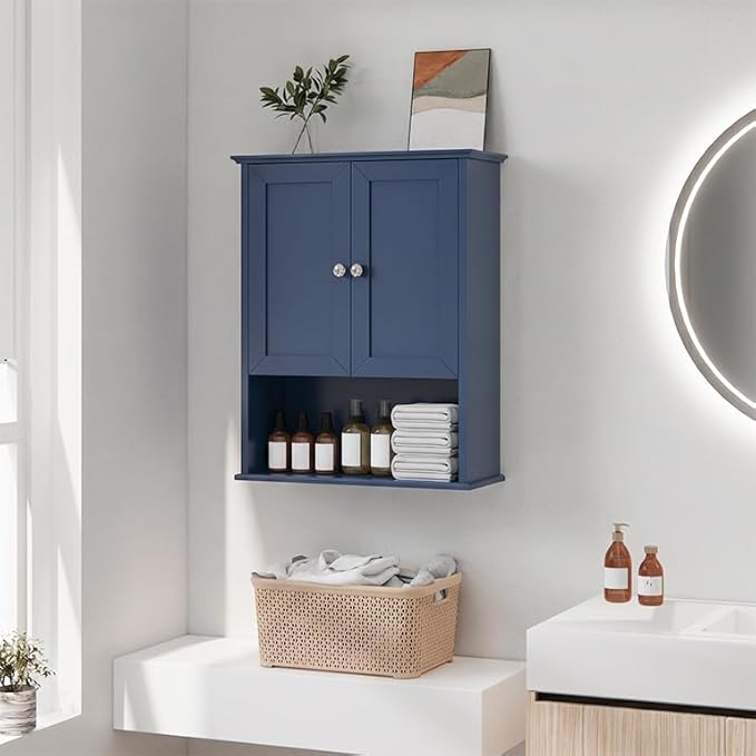 Medicine Cabinet, Over The Toilet Storage Cabinet, 24x30 Inch Wall Mount Bathroom Storage Cabinet with 2 Doors & Adjustable Shelf, Wooden Bathroom Wall Cabinet, Blue
