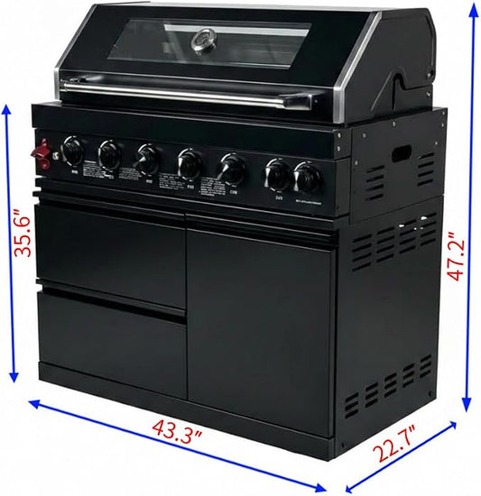 43 Inch Outdoor Kitchen Island, 6-Burner Propane Stainless Steel BBQ with Rear Burners, For Backyard BBQ, Black