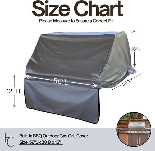 Formosa Covers Heavy Duty 56 Inch Built-in Grill Cover - Outoor Gas Grill Cover, Waterproof Vinyl + Cotton-Lined, Peel and Stick Fasteners 56" L x 30" D x 16" H Vinyl Grey