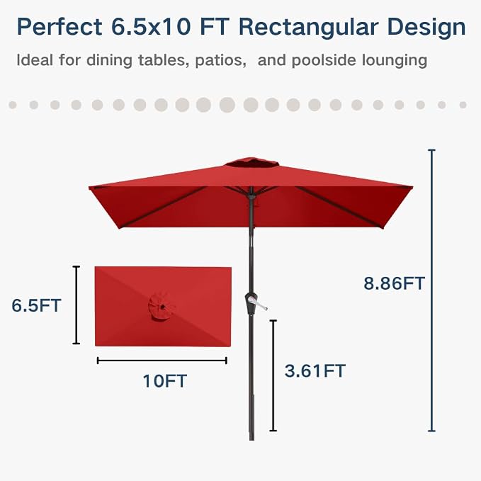 6.5' x 10' Rectangular Patio Umbrella Large Outdoor Market Umbrella w/UV Protection, Push Button Tilt and Crank Lift, Rectangle Table Umbrella for Garden, Deck, Pool, Patio, Red