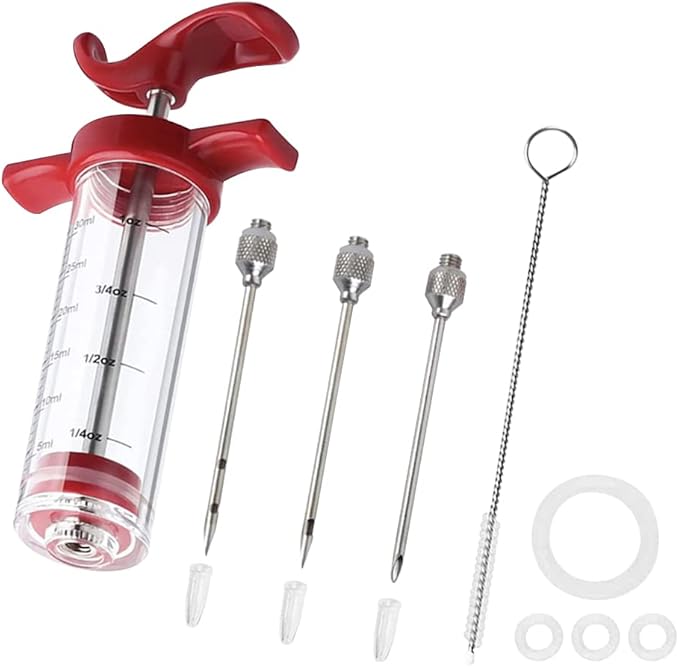 Meat Injector Syring-e Kit,3 Needles Porous Turkey Injector for Meats with Cleaning Brush,Marinade Injector Syring-e for BBQ Grill with Black Oil Brush Easy to Use and Clean