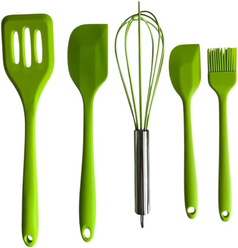 5-Piece Silicone Spatula Set with Egg Whisk & Basting Brush – Heat Resistant, Non-Stick, BPA-Free Kitchen Utensils for Cooking, Baking & Grilling – Dishwasher Safe – (Red, Black, Green, Pink) (Green)
