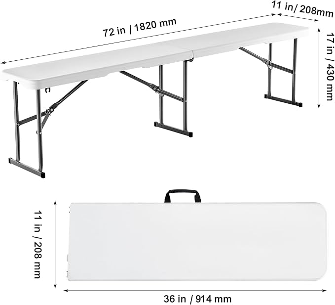 VEVOR Plastic Folding Bench, 6ft Portable Folding Bench, Smooth High Density Polyethylene Waterproof Outdoor Bench, Picnic Camping Table with Handle for Garden Soccer Playtime, White (2 Pack) | for Garden Playtime, Camping, Outdoor Event, Picnic Polyet...