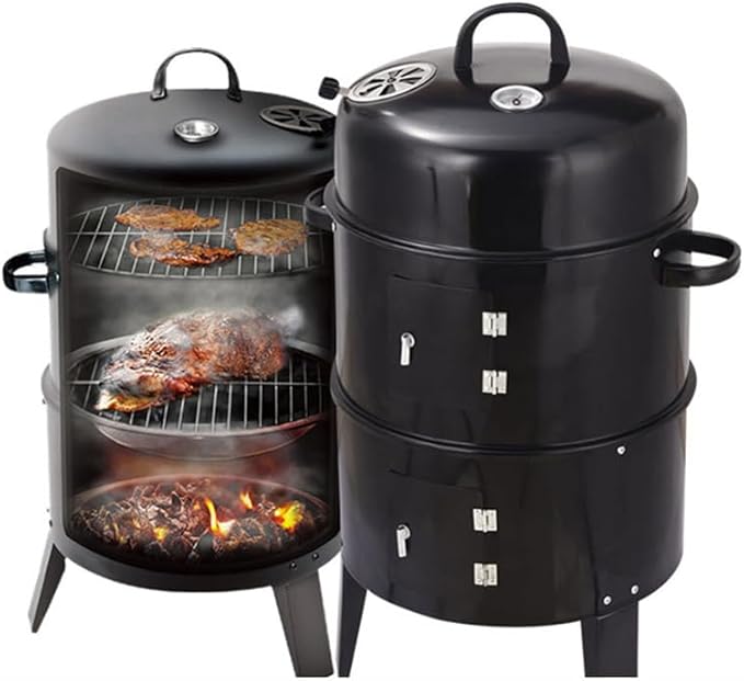 Outdoor Double-Layer Grill, Charcoal Wood Fired Braising and Smoking Stove, Black Steel American Traditional Style for Garden & Outdoor Use