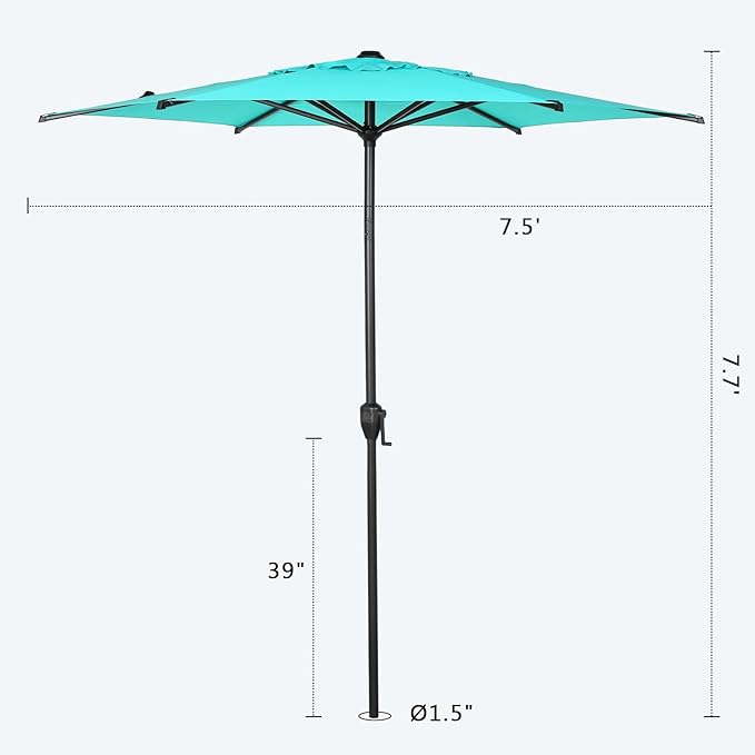 Abba Patio 7.5FT Lyon Outdoor Patio Umbrella Outdoor Table Umbrella with Push Button Tilt and Crank Market Umbrella 6 Sturdy Ribs UV Protection Waterproof for Garden Deck Backyard Pool, Turquoise