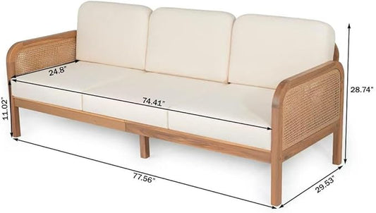 Christopher Knight Home Jidah Acacia Wood Outdoor 3 Seater Sofa with PE Wicker Armrest, Solid Wood Patio Sofa with Removable Cushion, Comfy Lounge Sofa for Patio Furniture Set, Light Teak+Beige