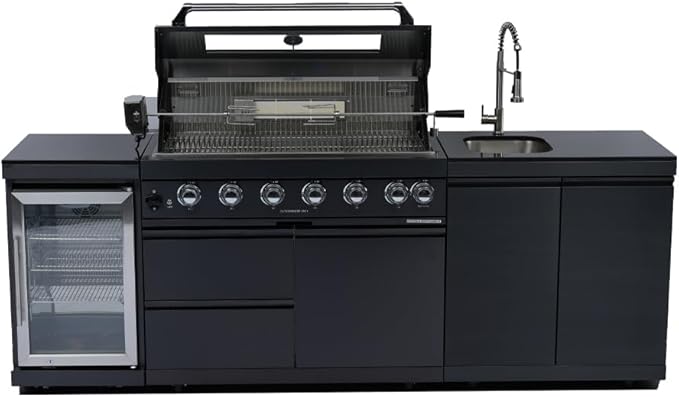 96" Natural Gas Outdoor Kitchen Island - 43-Inch 6-Burner 85,000 BTU Deluxe Stainless Steel Grill Wine Cooler Compact Refrigerator Rotisserie kit Granite Countertops Stainless steel Sink,Black