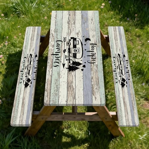 Picnic Table Cover with Bench Covers Elastic Edges, Outdoor Patio Camping Essentials 60 Inch 3PCS, Wooden Camper Fitted Table Cover, Waterproof Rectangle Tablecloth with Drawstring Bag