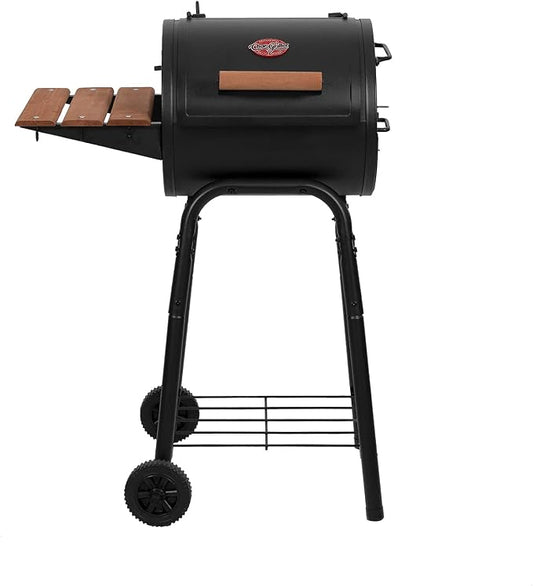Char-Griller® Patio Pro Charcoal Grill and Smoker with Cast Iron Grates, Premium Wood Shelf and Damper Control, 250 Cooking Square Inches in Black, Model E1515