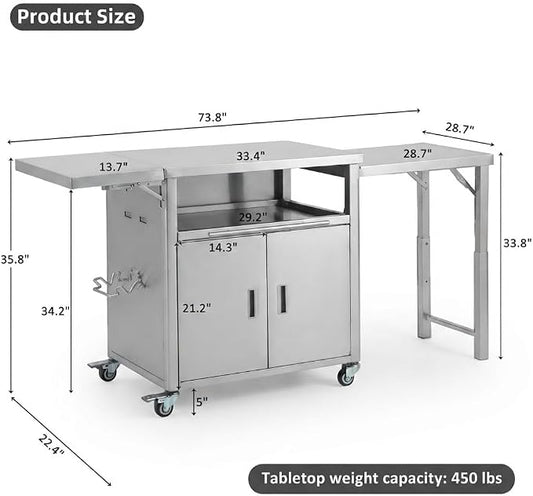 74” Outdoor Grill Table with Storage Cabinet & Folding, Metal | Stainless Steel Top Grill Cart for Kitchen with Universal Wheels, Kitchen Island Prep Table/Pizza Oven/Trash Rack, BBQ Patio