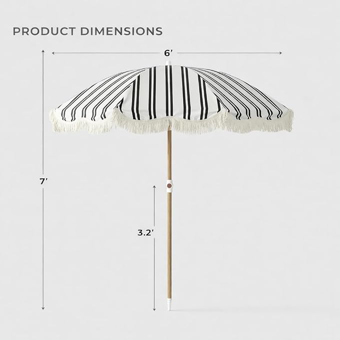 6FT Striped Fringe Beach Umbrella, Sand Anchor, UPF 50+ Sun Shade | Adjustable Tilt & Portable Design, Coastal Umbrella for Beach & Patio, Heritage Black Stripe