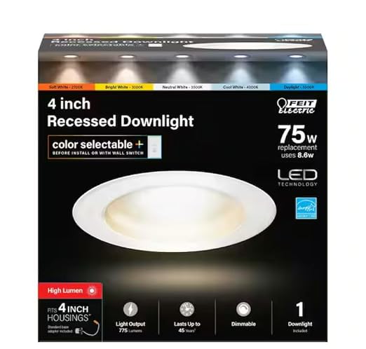 Feit Electric 4 in. Integrated LED White Retrofit Recessed Light Trim Kit Dimmable CEC High Output Downlight Selectable CCT (4-Pack) LEDR4HO/6WYCA/4/RP