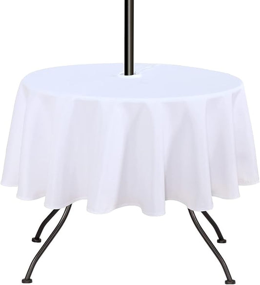 SARAFLORA Outdoor and Indoor Tablecloth -60 inch Round, White Wrinkle Free Washable Waterproof Table Cloth with Umbrella Hole and Zipper Round Table Cover for Spring/Summer/Patio/Picnic/BBQS/Party