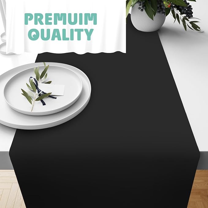 Black Table Runner – 14" X 110' Premium Plastic Longtable Runners with Cutter Box - Cut to Size - Decorative Rectangle Table Runners - Smooth Table Cloth - Disposable Table Cloths, Parties, Weddings.