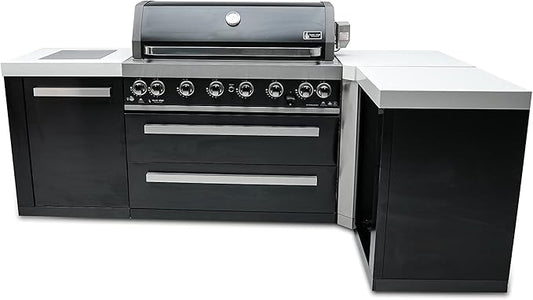 Mont Alpi Premium 94"W x 50"D Black Stainless Steel L-shaped Modular Outdoor Kitchen Island + Infrared Side & Rear Burner + 44"W 6-Burner BBQ Grill + Granite Countertops + Storage Cabinets & Drawers