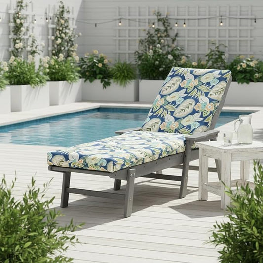 Modern Outdoor Chaise Lounge Cushion with Ties – Durable Polyester Fabric, Channel-Filled Polyfiber Insert, Removable Zippered Cover, Marlow Blue Floral