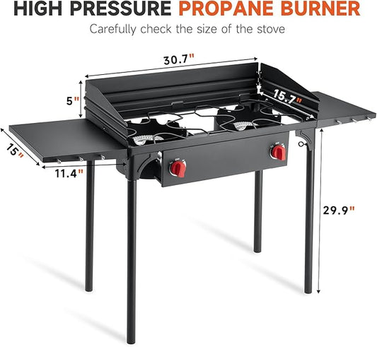 High Pressure Propane Stove, 2 Burner Outdoor Propane Burner with Windscreen & Side Shelves, 150,000 BTU Gas Stove with 0-20 PSI Regulator for Camping, Backyard, Picnic, Outdoor Cooking