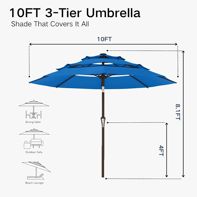 Kingdura 10ft 3-Tier Patio Umbrella, Outdoor Table Umbrella with Easy Crank & Tilt, 8 Reinforced Ribs, UV Protection for Deck, Pool, Market, Backyard (Royal blue)