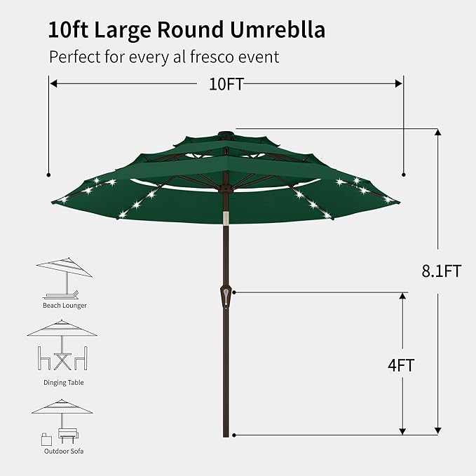 Kingdura 9ft 3-Tier Patio Umbrella with Solar Lights, Table Umbrella Outdoor Patio with Easy Crank & Tilt, 8 Sturdy Ribs, UV Protection, 32 LED Lights for Deck, Poolside, Market (Dark green)