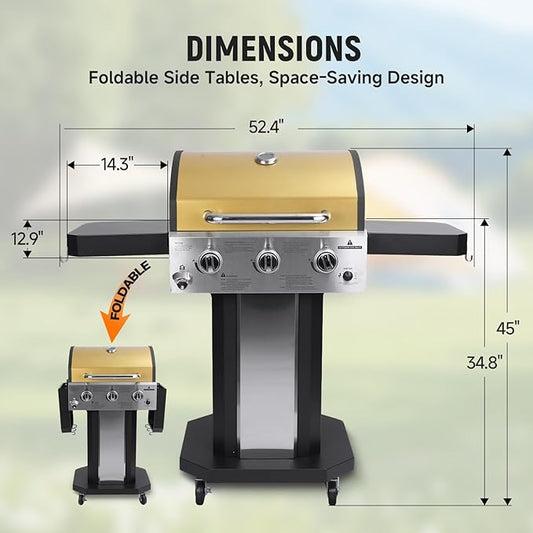Redlife 3 Burner Propane Gas Grill, 30,000 BTU Outdoor BBQ Grill with Cast Iron Cooking Grates, Stainless Steel Warming Rack, Built-in Thermometer, Side Shelves, Removable Grease Tray, Yellow