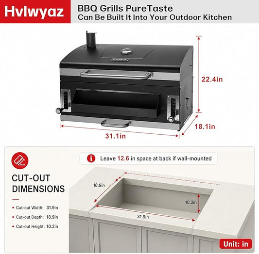 Built-in Charcoal Grill, Large BBQ Grills with Liftable Tray, Insulated Hood & Temp Gauge, Black Stainless Steel Barrel Grill for Outdoor Kitchen, Family BBQ Parties & Patio Use