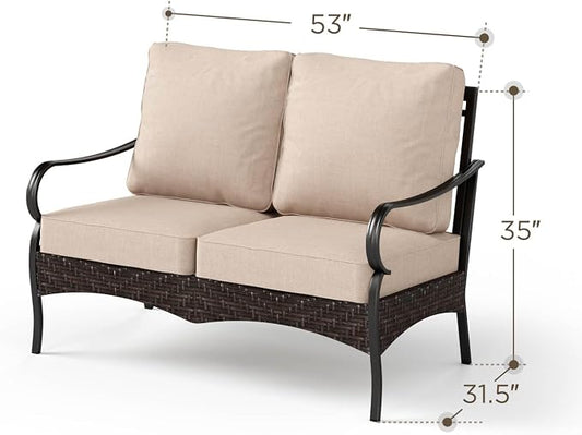 PHI VILLA Wicker & Metal Outdoor 2-Seat Patio Couch,Patio Sofa Loveseat with Deep Seating for Front Porch, Deck, Balcony, Backyard, Sunroom,Beige