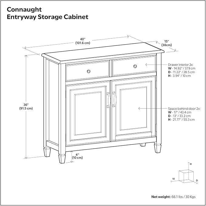 SIMPLIHOME Connaught 40" Wide Solid Wood Storage Cabinet in White | Traditional slim entryway and living room organizer for hats, gloves, shoes and keys with space-saving storage design.