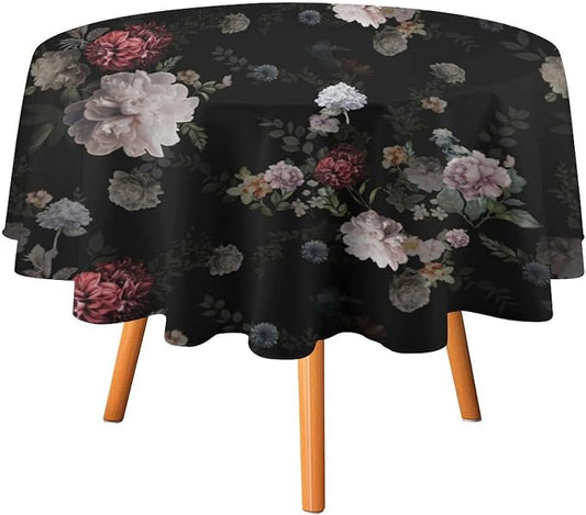 Vintage Florals Round Tablecloth, Black Pink Garden Gothic Flowers Rustic Roses Boho Botanical Plant Water Resistant Wipeable Table Cover for Picnic Party Holiday Kitchen Dinner Table 50"
