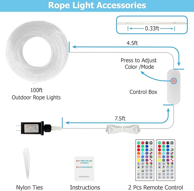 100ft LED Rope Lights for Outside, 25 Colors IP68 Waterproof, Dimmable Warm White RGB Outdoor String Lights, Red White Blue for Memorial Day Patriotic Decorations, Fairy Lights for Indoor Bedroom